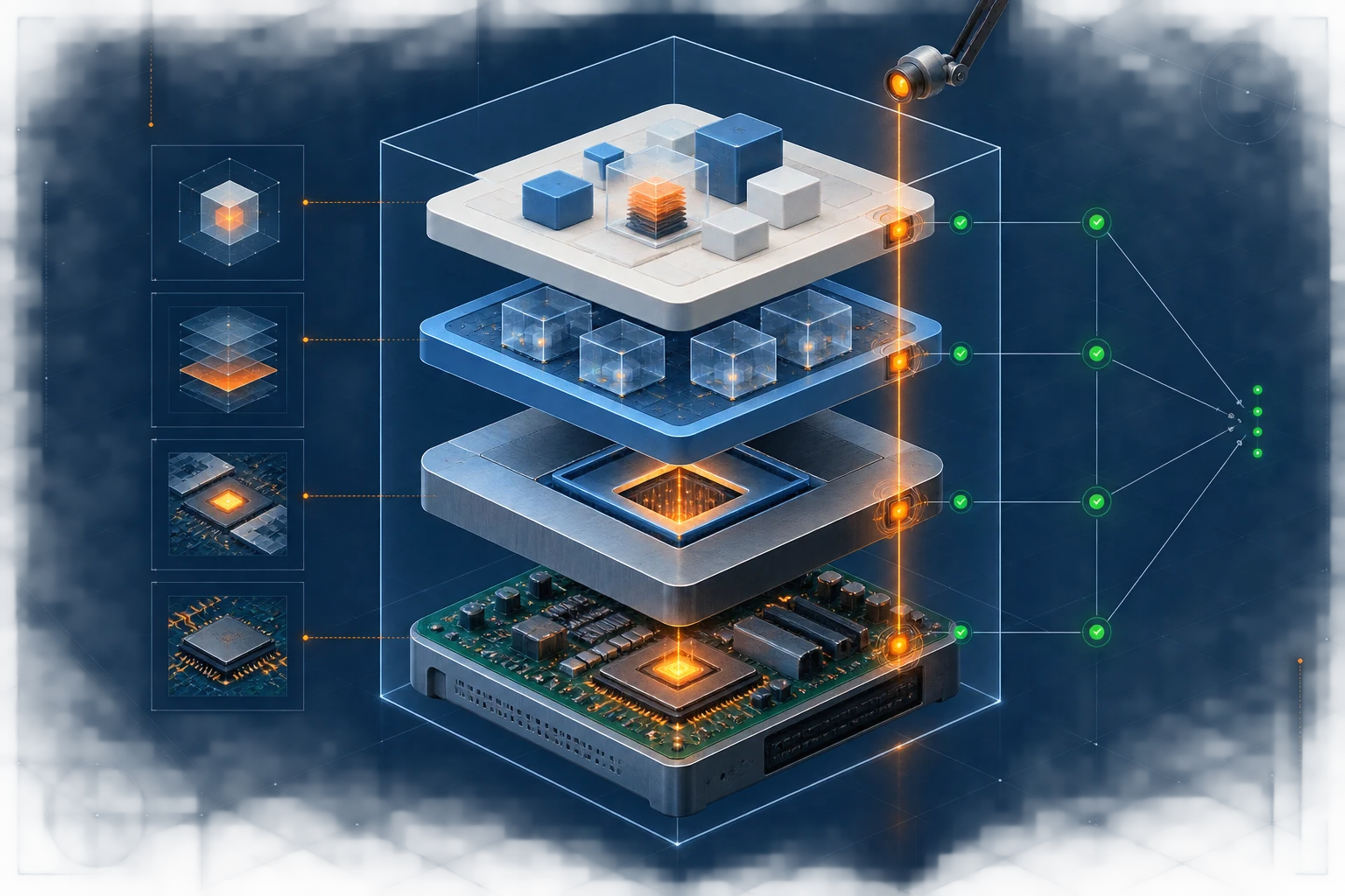 Exploded trusted-computing stack with visible inspection and verification boundaries